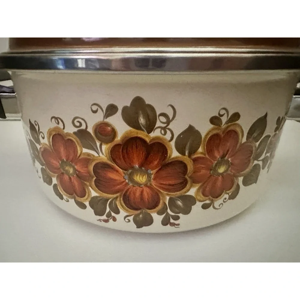 Capri‎ Enamel Steel Dutch Oven Pot Made In Spain Vintage Floral Decal 3 Qt